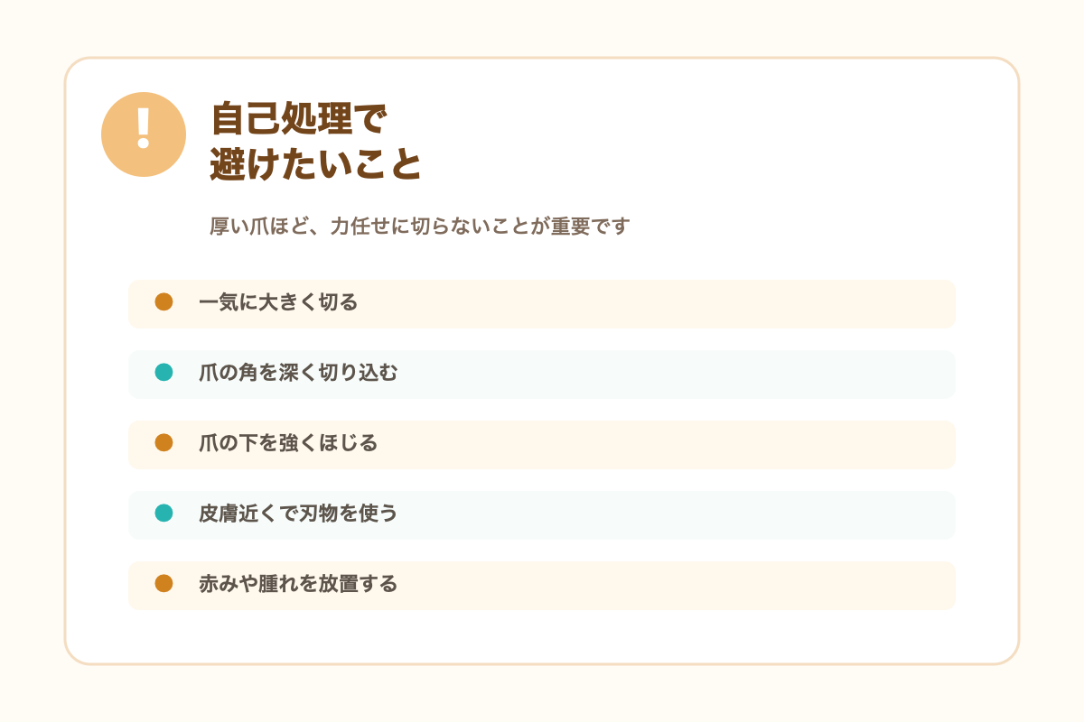 爪が厚い時に避けたい自己処理と相談目安をまとめた注意喚起図解