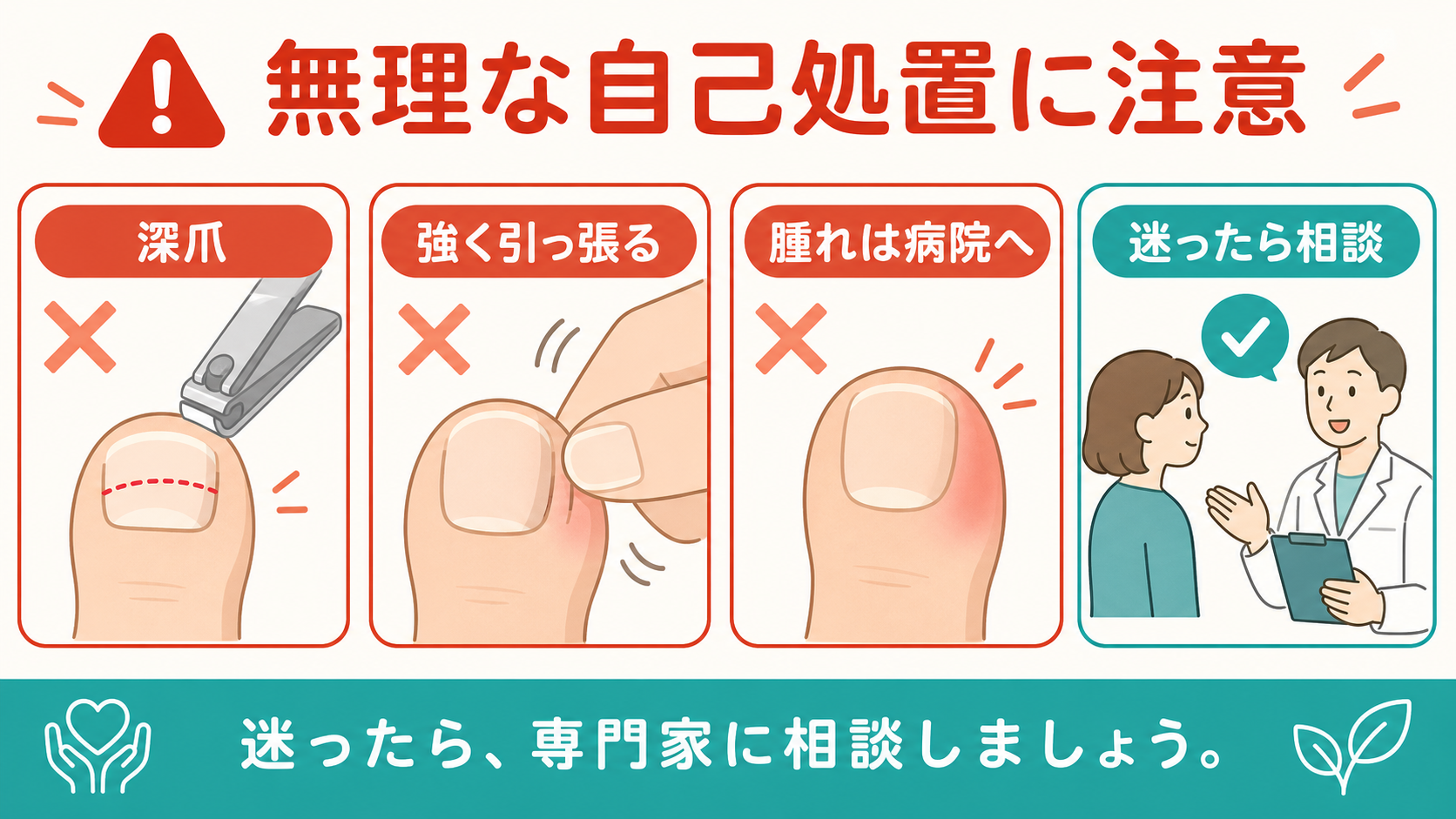 巻き爪で無理な自己処置を避け相談する目安を示した注意喚起図解