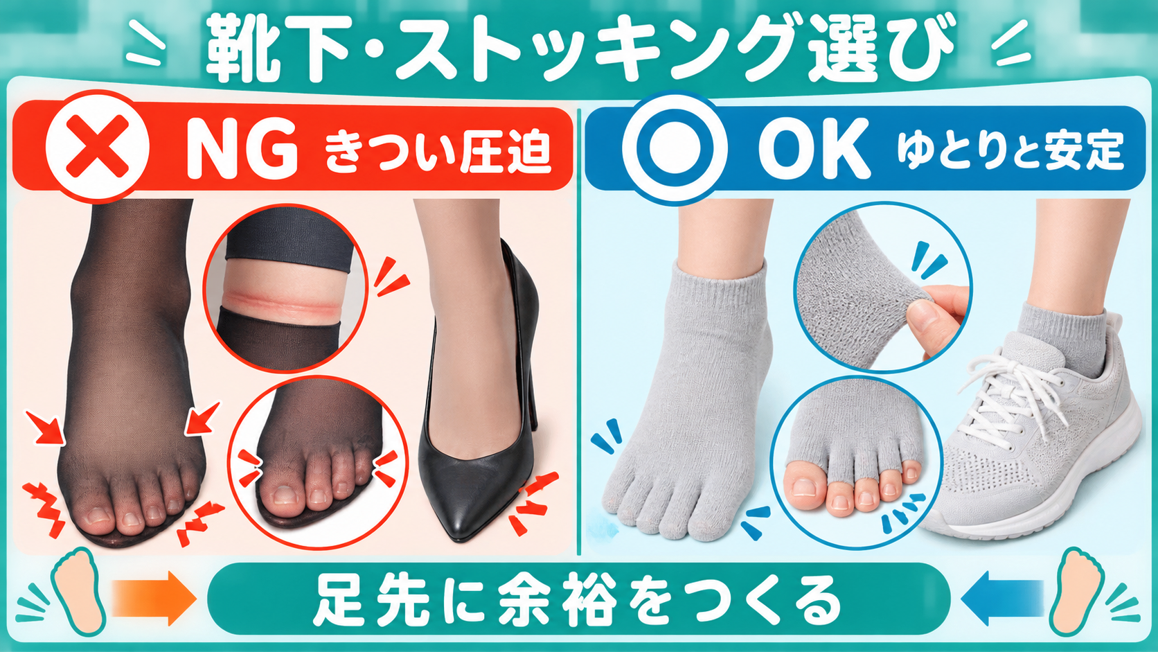 巻き爪の痛みを防ぐ靴下とストッキング選びのNGとOK比較