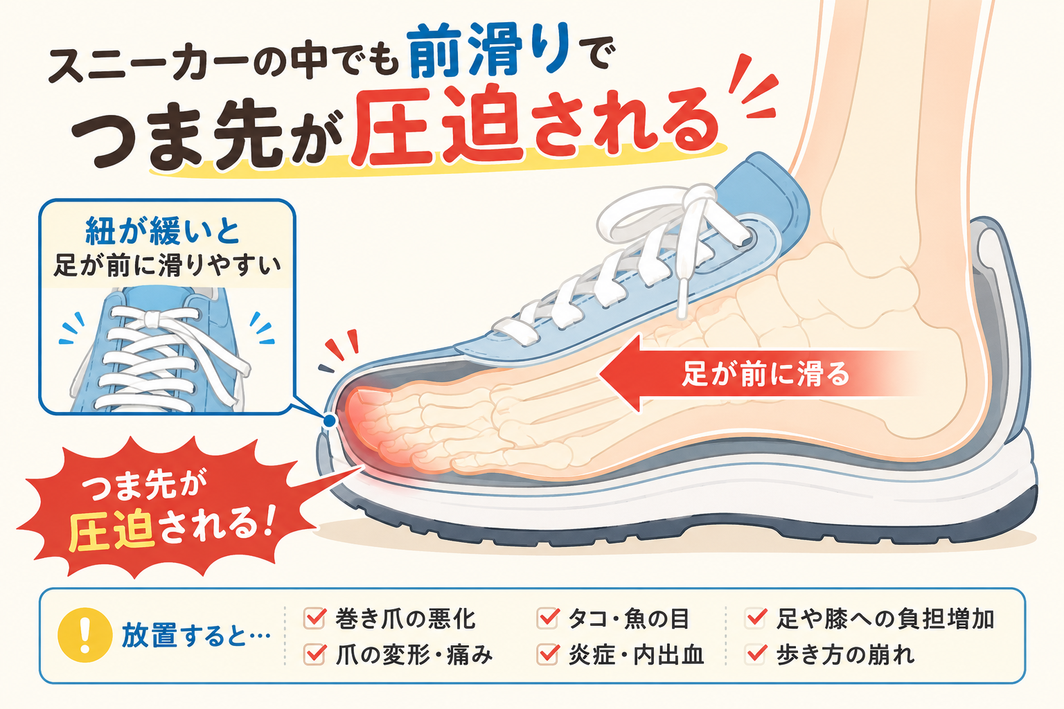 スニーカーの中でも前滑りでつま先が圧迫されるメカニズムと放置リスクの図解