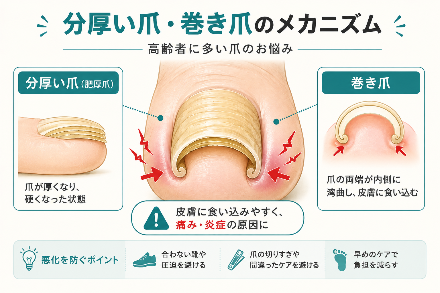 高齢者の分厚くなった爪や巻き爪のメカニズムイメージ
