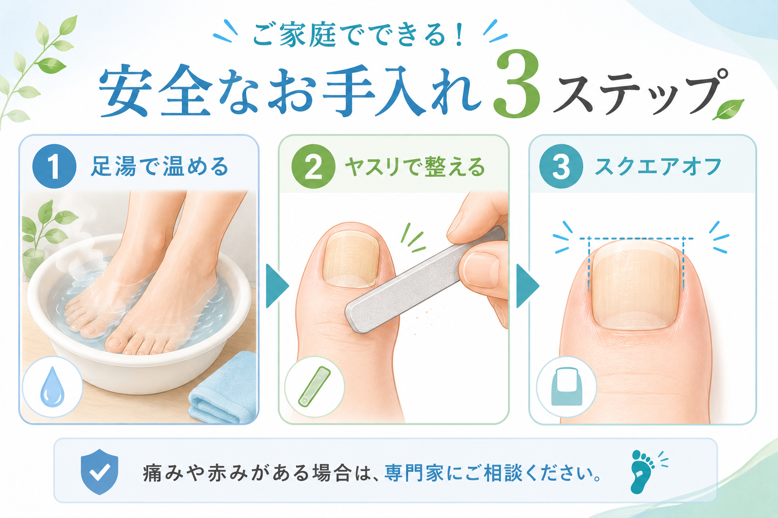 ご家庭でできる安全な足の爪お手入れ3つのステップ（足湯・ヤスリ・スクエアオフ）