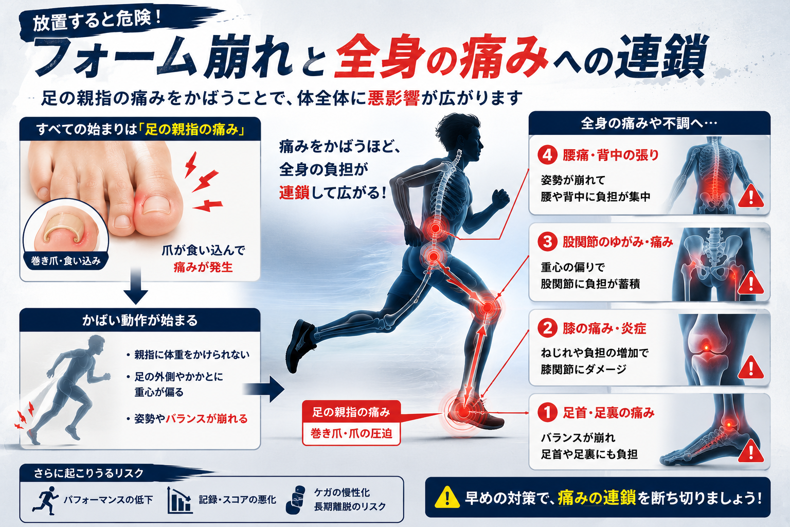 巻き爪の痛みを放置することで起こるフォーム崩れや膝・腰の痛みリスク