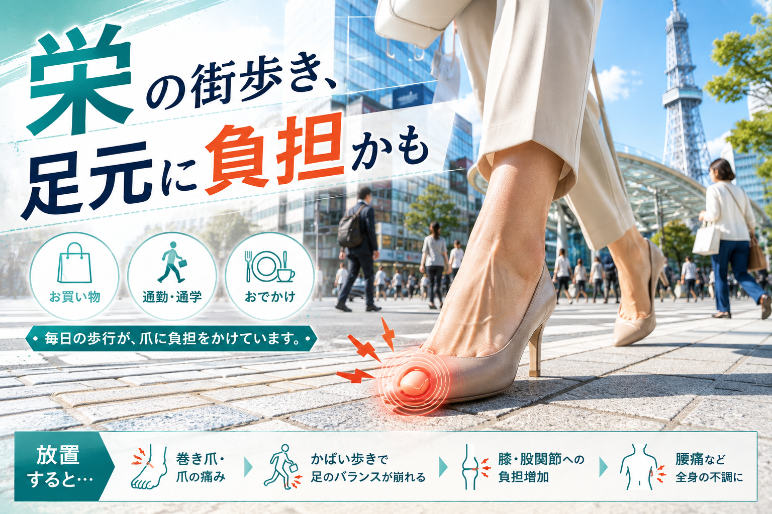 名古屋栄エリアでの街歩きや通勤・買い物で巻き爪が痛む原因イメージ