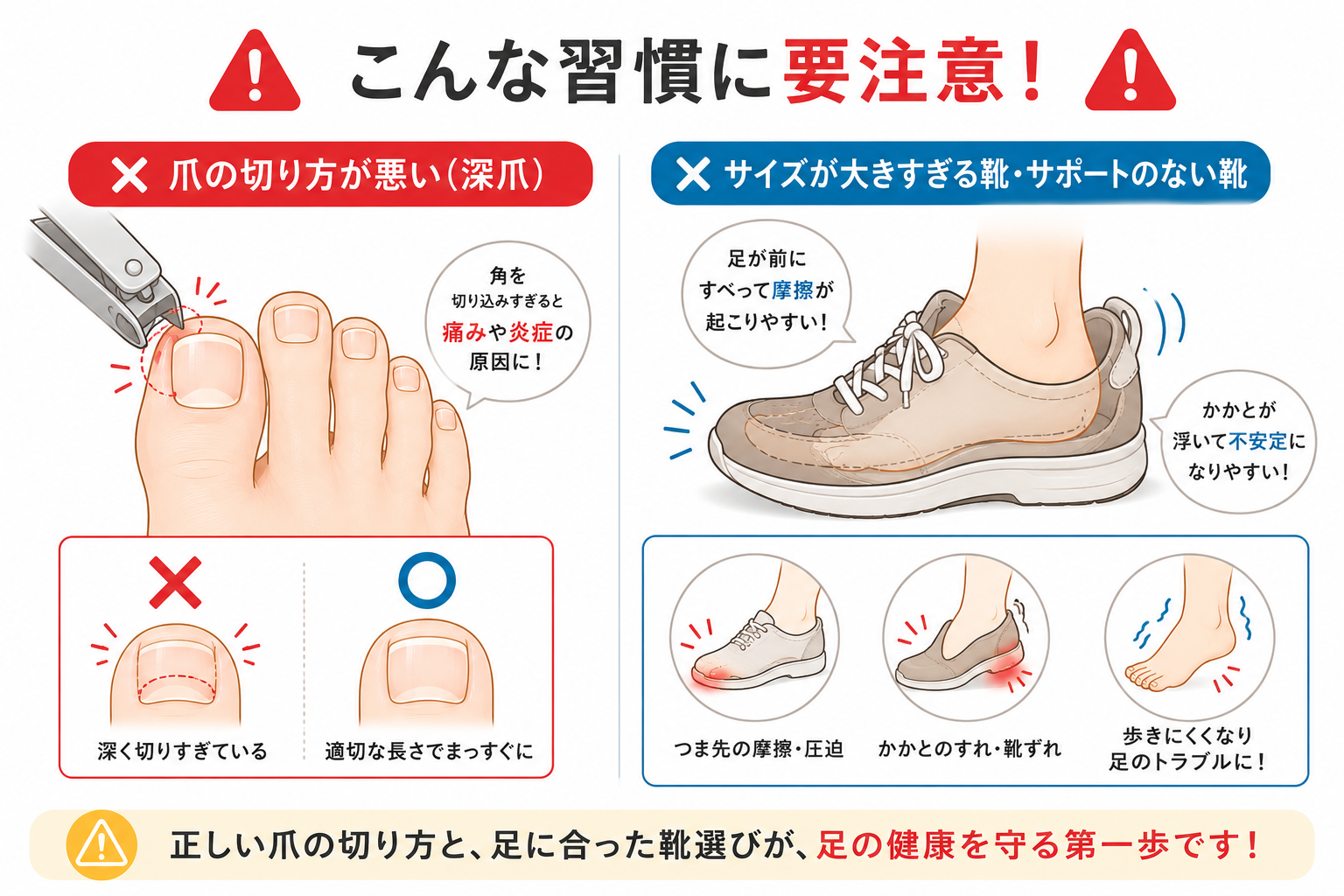 外反母趾や巻き爪を悪化させる間違った爪切りと大きすぎる靴の注意喚起