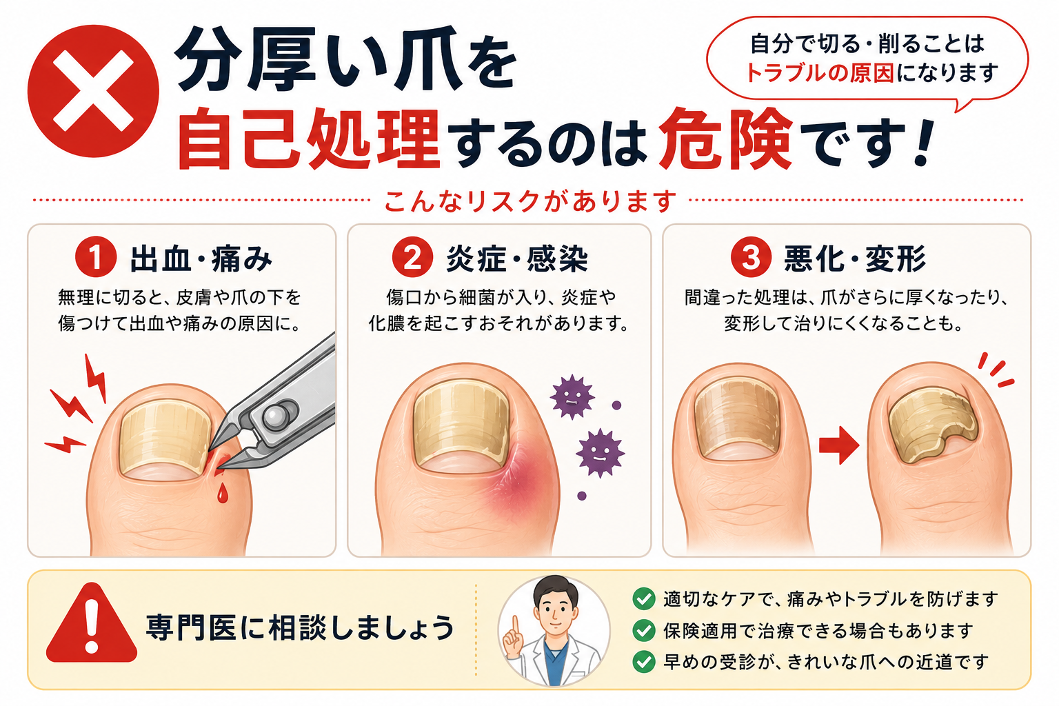 肥厚爪を自分で無理に削ったり切り落としたりするセルフケアの危険性