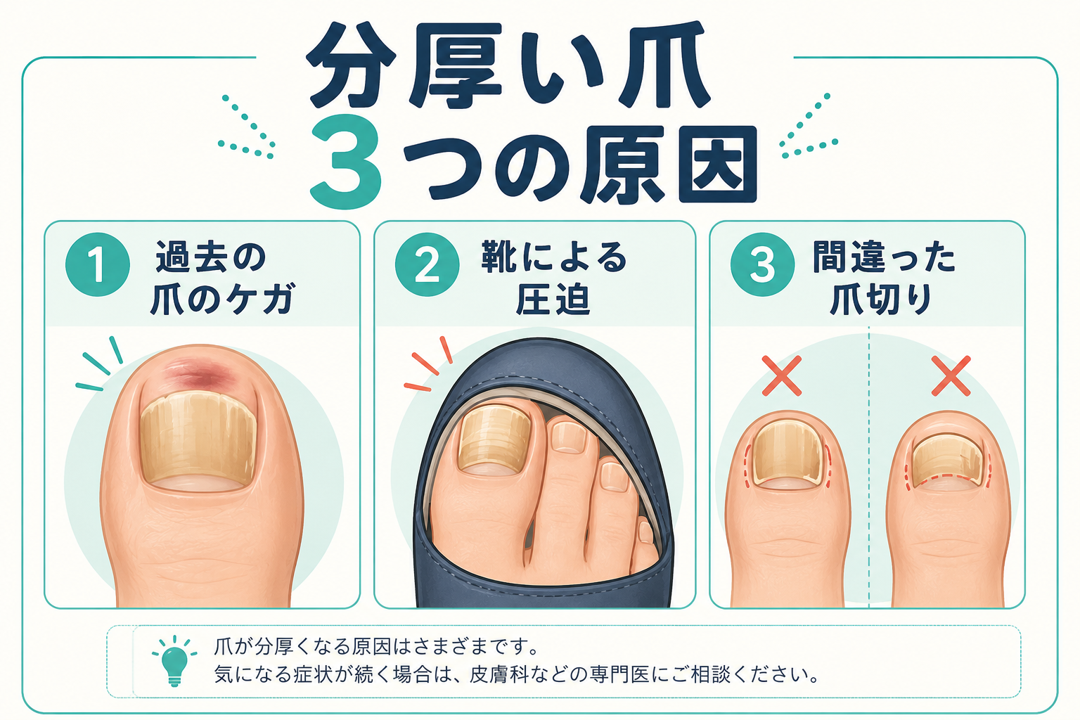 20代女性に肥厚爪が起こる主な原因（怪我・靴の圧迫・深爪）図解