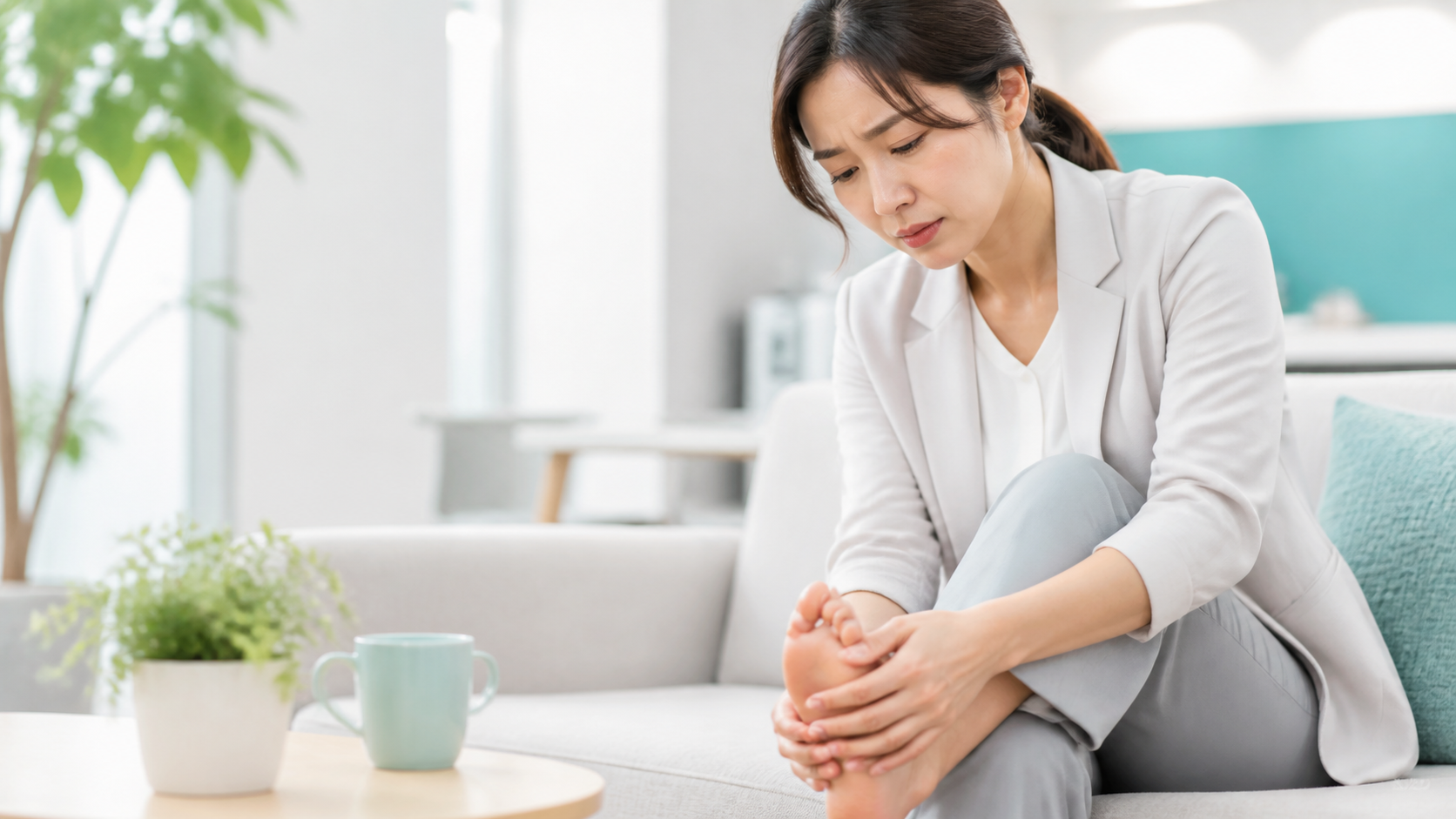 立ち仕事の後に足の親指の巻き爪が痛む女性のイメージ