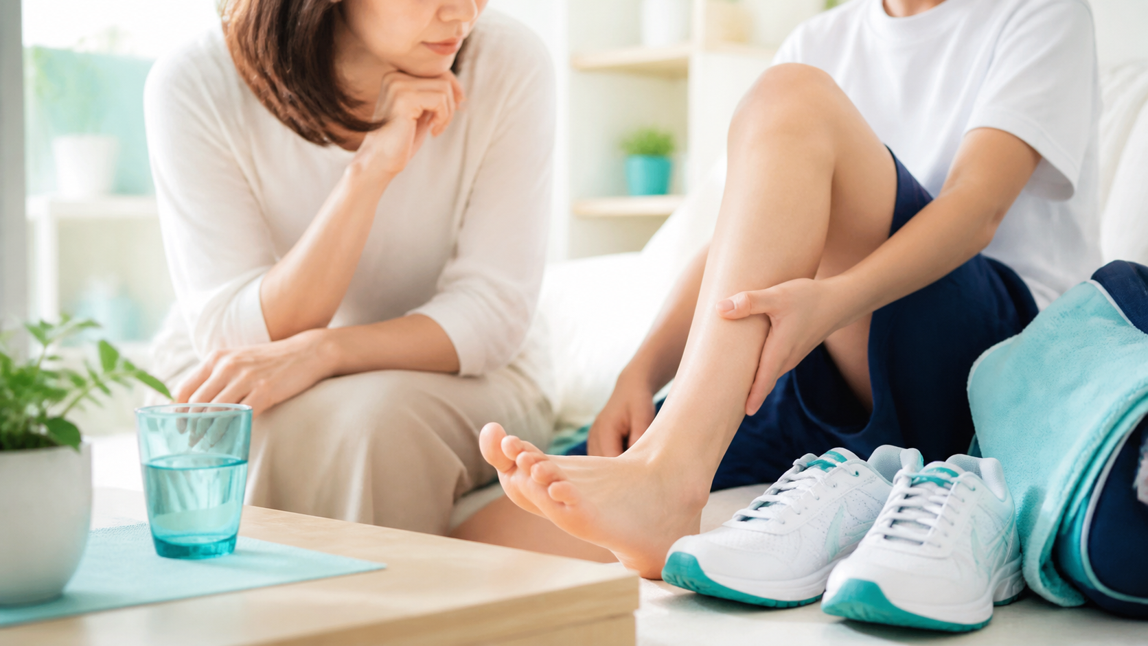 部活後に足の親指の痛みを相談する子どもと保護者のイメージ