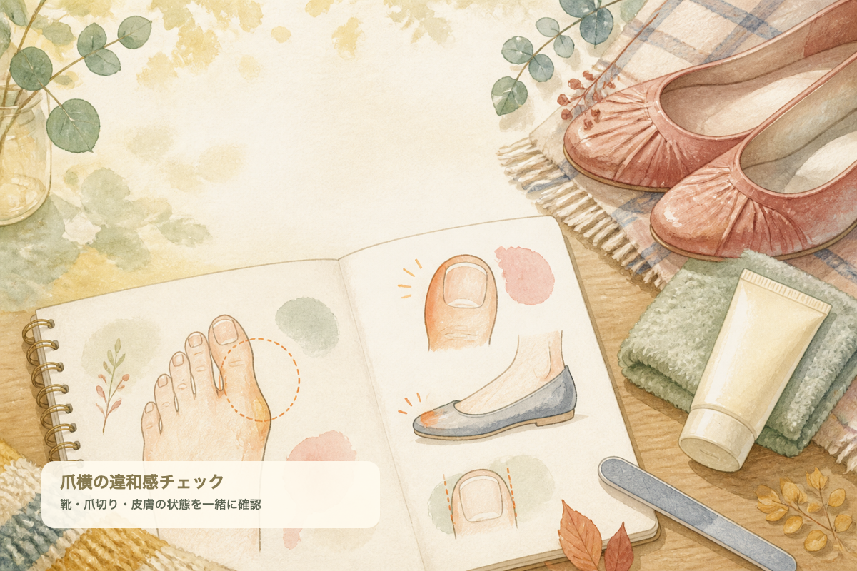 爪の横の皮膚が硬い時の靴と爪の確認イメージ