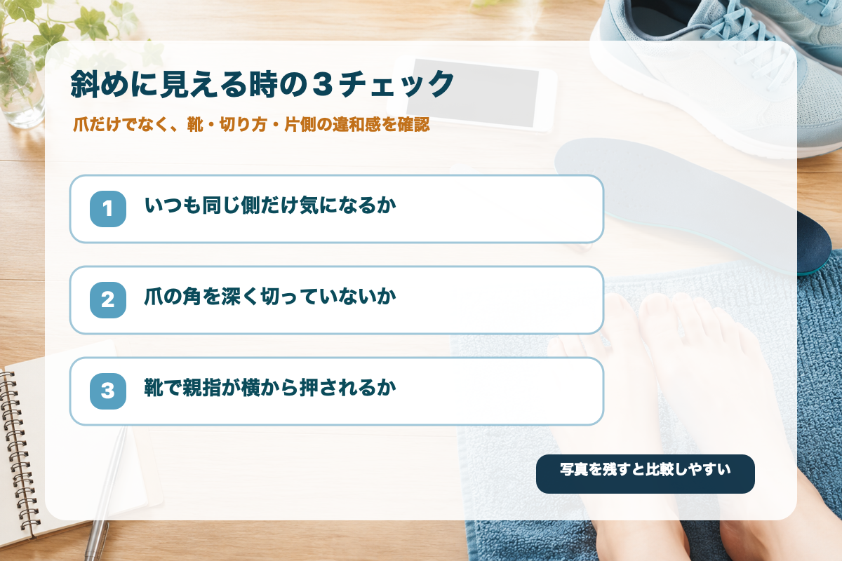 足の爪が斜めに伸びる時のセルフチェック図解