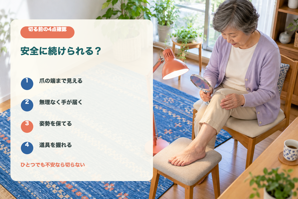 足の爪を安全に確認する椅子と足台と照明の準備