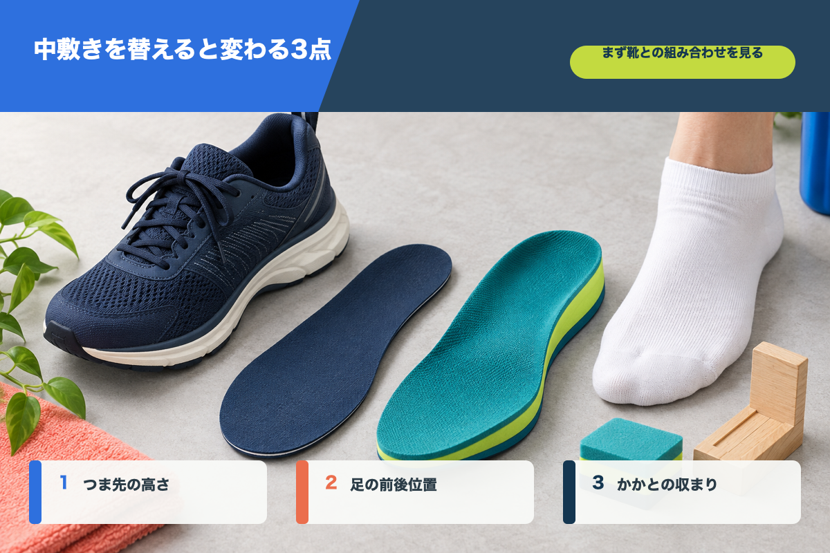 インソール交換で変わるつま先の高さと足の位置を示す写真合成図解