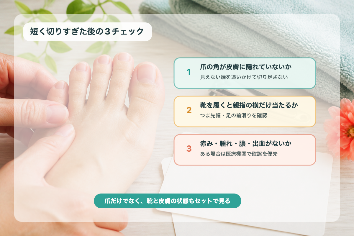 足の爪を短く切りすぎた時の確認ポイント図解