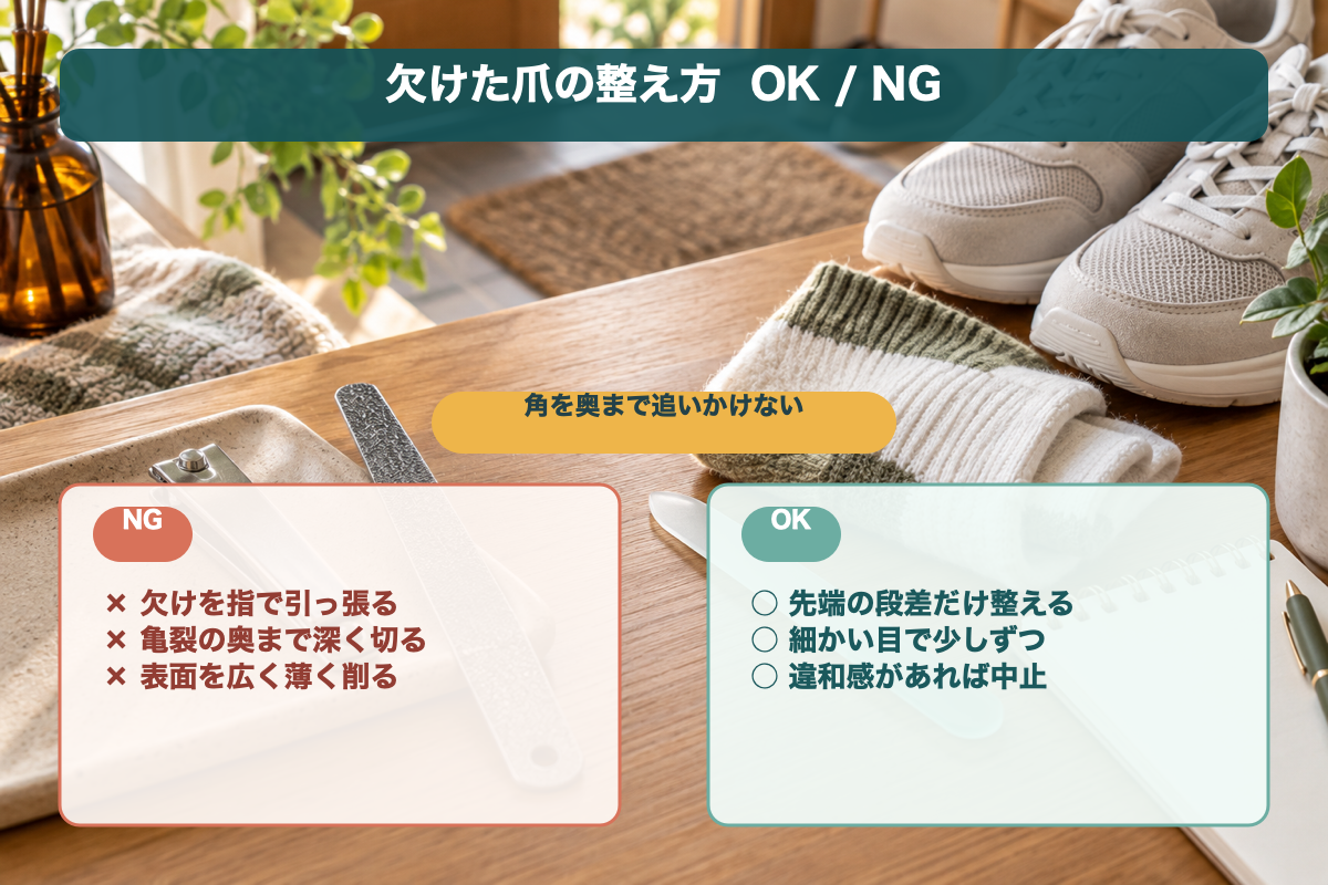 足の爪が欠けた時のOKとNGの整え方