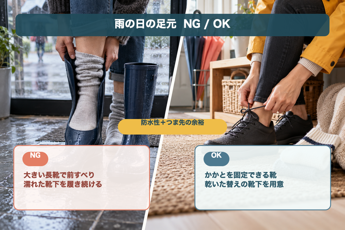 雨の日のレインシューズと靴下のOK NG比較