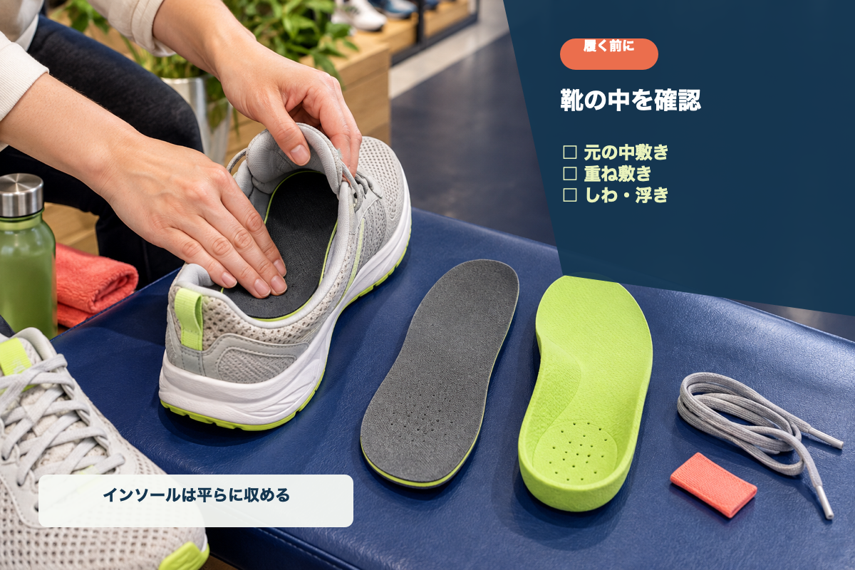 元の中敷き、重ね敷き、しわや浮きの確認点を示す写真合成図解