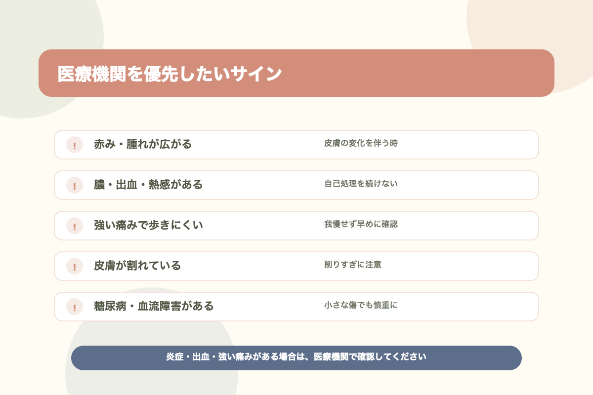 爪の横の皮膚が硬い時に医療機関を優先したいサイン図解