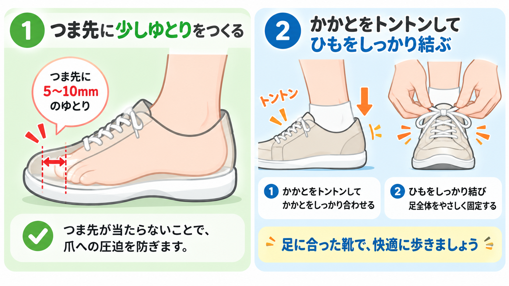 巻き爪を防ぐ正しい靴選びと靴紐の結び方ポイント