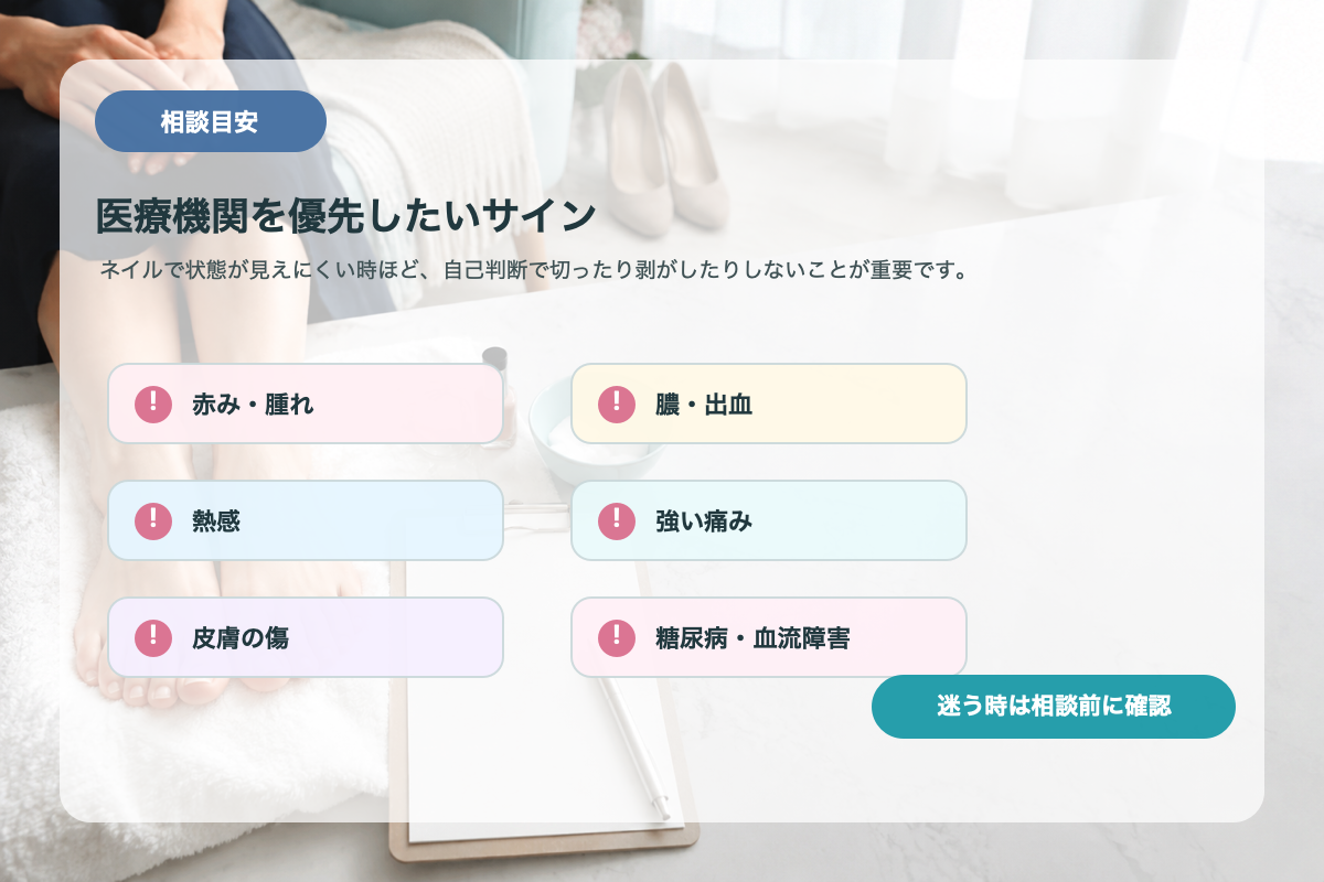 ペディキュアやジェルネイル中に医療機関を優先したいサイン図解